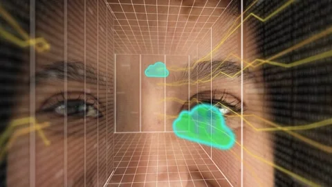 Woman blinking behind tech grid, teal cloud appearing, pushing clouds toward Stock Footage 332978579
