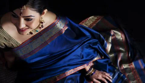 Woman in a blue saree Stock Photos