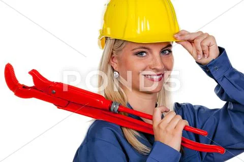 Woman in blue work clothes Stock Photos