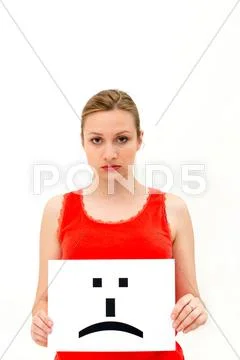 Woman with board sad emoticon face sign Stock Photos