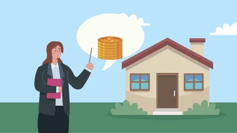 Woman with book and pointer presenting house with stack of coins animation. Vídeos de archivo 339045351