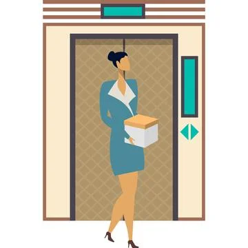 Woman with box at office elevator vector icon Stock Illustration