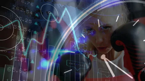 Woman boxer punching at camera, showcasing sports analytics overlays with charts Video stock 307973953