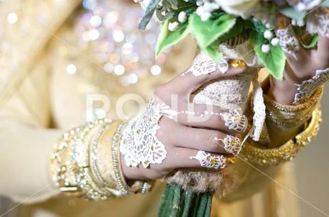 Woman Bride Hands with Henna, Indonesian Wedding Tradition Ceremony. Stock Photos