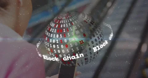 Woman bringing device into view, spawning rotating blockchain globe with 0 or 1 Stock Footage 330190968