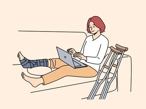 Woman with broken leg work on computer at home Stock Illustration