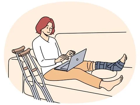 Woman with broken leg work on computer at home Stock Illustration