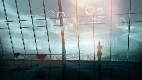 A woman is browsing an array of infographics projecting in virtual reality Stock Illustration