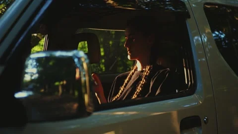 Woman browsing a smartphone inside a parked car in warm natural forest... Stock Footage 341613075