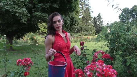 Woman with a bucket in a flower bed. Stock Footage