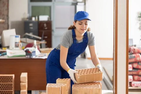 Woman builder stacking red bricks inside building under construction 写真素材