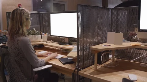 Woman Business Computer Desk Working Person, White Blank Screen Businesswoman Stock Footage