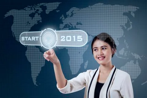 Woman with button to start the future Stock Illustration