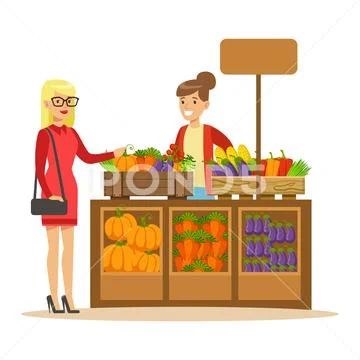 Woman Buying Fresh Vegetables From Farmer Working At The Farm And Selling On Stock Illustration