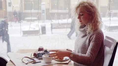 Woman in cafe Video stock 79028452
