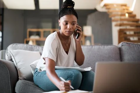 Woman, call and laptop budget planning conversation with online financial Stock Photos
