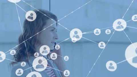 Woman calling while one icon appearing and connecting lines expanding across Stock Footage 331109114