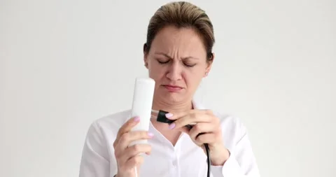 Woman can not inserting plug with wrong connector into socket and surprising 4k Stock Footage 264949403