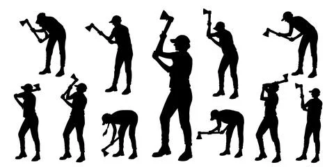 Woman in a cap  working with an axe, set of silhouettes. Vector illustration Stock Illustration