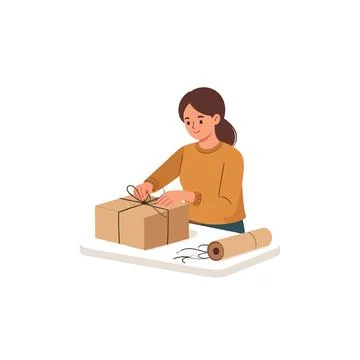 Woman carefully preparing gift box, wrapping with string, presenting though.. 스톡 일러스트