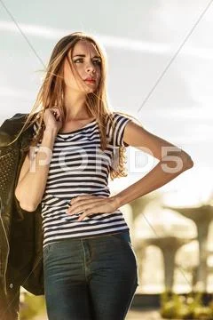 Woman casual style on city street Stock Photos