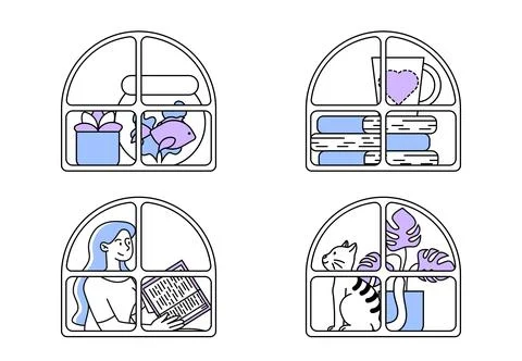 Woman with cat at windows vector simple Stock Illustration