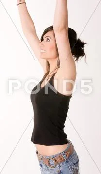 Woman Celebrates Winning Attitude Arms Outstretched Reaching Upward Stock Photos