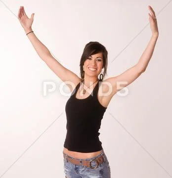 Woman Celebrates Winning Attitude Arms Outstretched Reaching Upward Stock Photos
