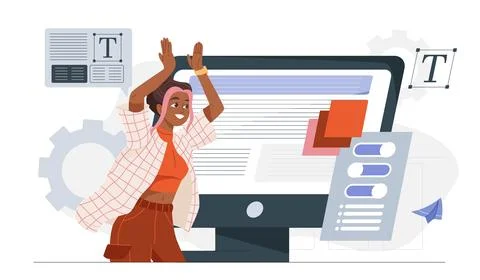 Woman celebrating in front of a computer screen. Stock Illustration