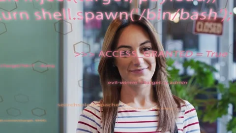 Woman centered in cafe, code overlay shifting to ACCESS GRANTED, camera zooming, Stock Footage 333145807