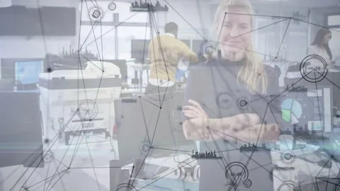 Woman centering while data overlay rising aligning targets over her and printer Stock Footage 333078617