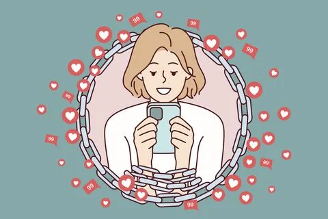 Woman with chained hands using mobile phone symbolizing addiction to internet Stock Illustration