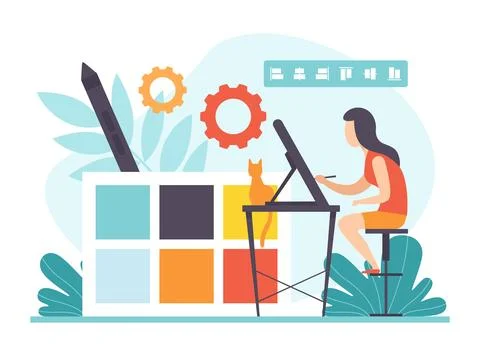 Woman Character Designer Working Process Busy at Workplace Vector Illustration Stock Illustration