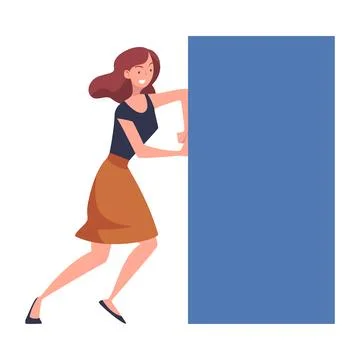 Woman Character Pushing Figure and Big Shape Vector Illustration Stock Illustration
