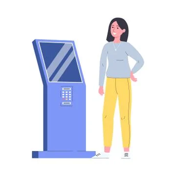 Woman character using interactive kiosk flat vector illustration isolated. Illustrazione stock