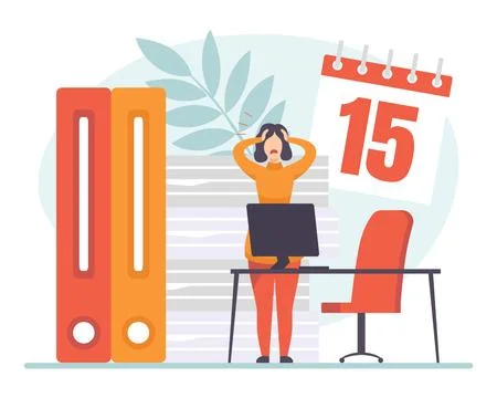 Woman Character Working Process Busy at Workplace Feel Stress Vector Stock Illustration
