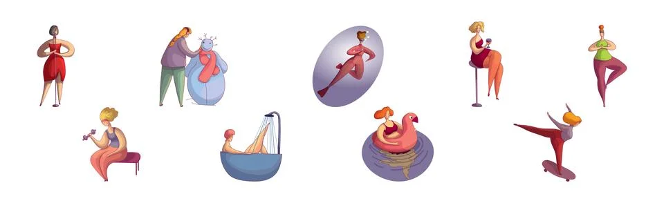 Woman Characters Doing Different Activity Enjoying Life Vector Set Stock Illustration