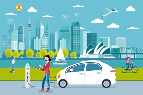 Woman charging a electric car in Sydney Stock Illustration