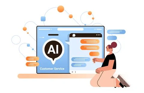 Woman chatting with chatbot in computer application ai artificial intelligence Stock Illustration