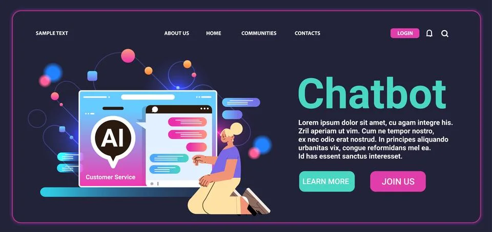 Woman chatting with chatbot in computer application ai artificial intelligence Illustrazione stock