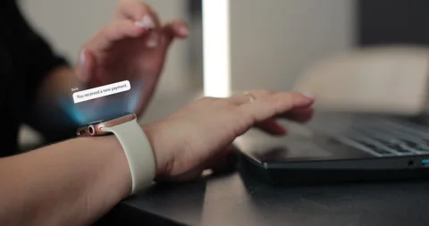 Woman checking 3d rendering incoming notification on smart watch. Incoming text Stock Footage 261163556