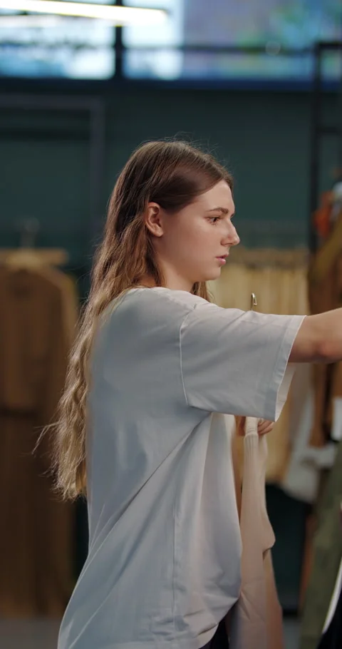 Woman checking clothes on hanger in store Stock Footage 320743593