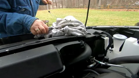 Woman checking engine oil with dip stick on SUV in the fall Stock Footage 282615213