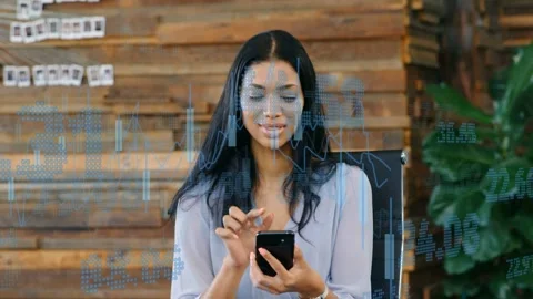 Woman checking market data, tapping phone and initiating animated financial Stock Footage 334000170