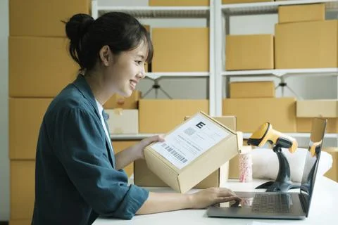 Woman checking parcel address using laptop. Stock Photos