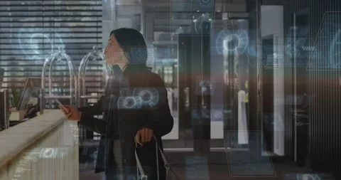 Woman checking phone with suitcase, activating HUD guiding hotel check-in while Stock Footage 330143936