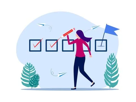 Woman checking progress or tracking goals. Checklist. project progress concep Illustrazione stock