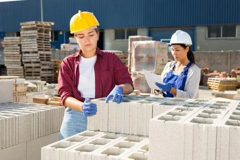 Woman checking quality of bricks at construction store Stock Photos