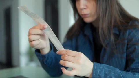 Woman checking receipt for expenses while managing personal finances Stock Footage 307300859