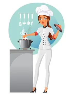 Woman chef cartoon vector isolated on white background. Woman in kitchen. Coo Stock Illustration